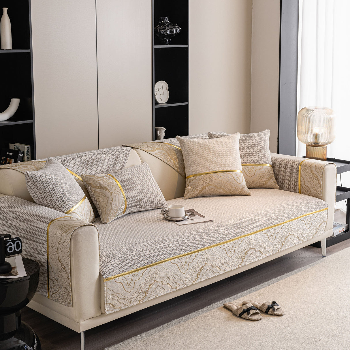 Non-Slip Couch Cover with Gold Trim, Sofa Slipcover for Sectional & Loveseat