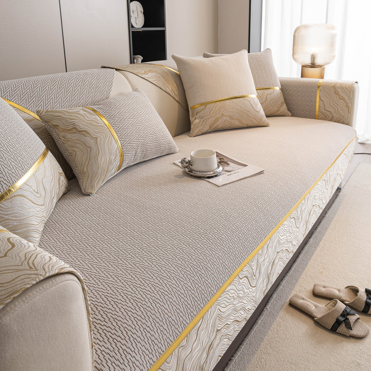 Non-Slip Couch Cover with Gold Trim, Sofa Slipcover for Sectional & Loveseat