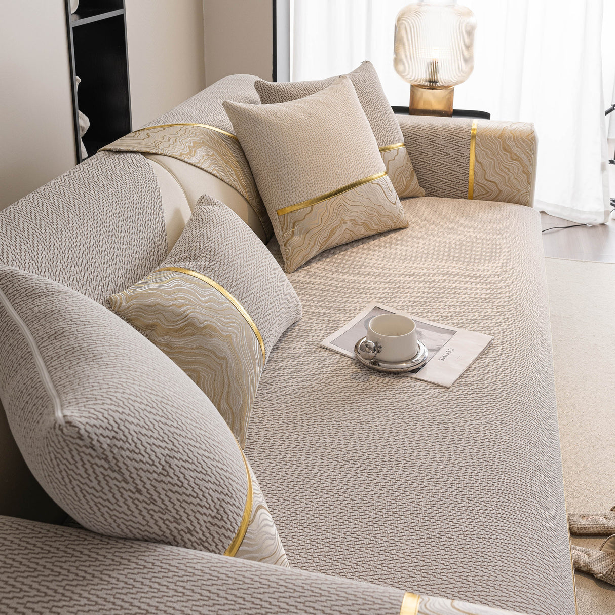 Non-Slip Couch Cover with Gold Trim, Sofa Slipcover for Sectional & Loveseat