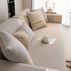 Non-Slip Couch Cover with Gold Trim, Sofa Slipcover for Sectional & Loveseat