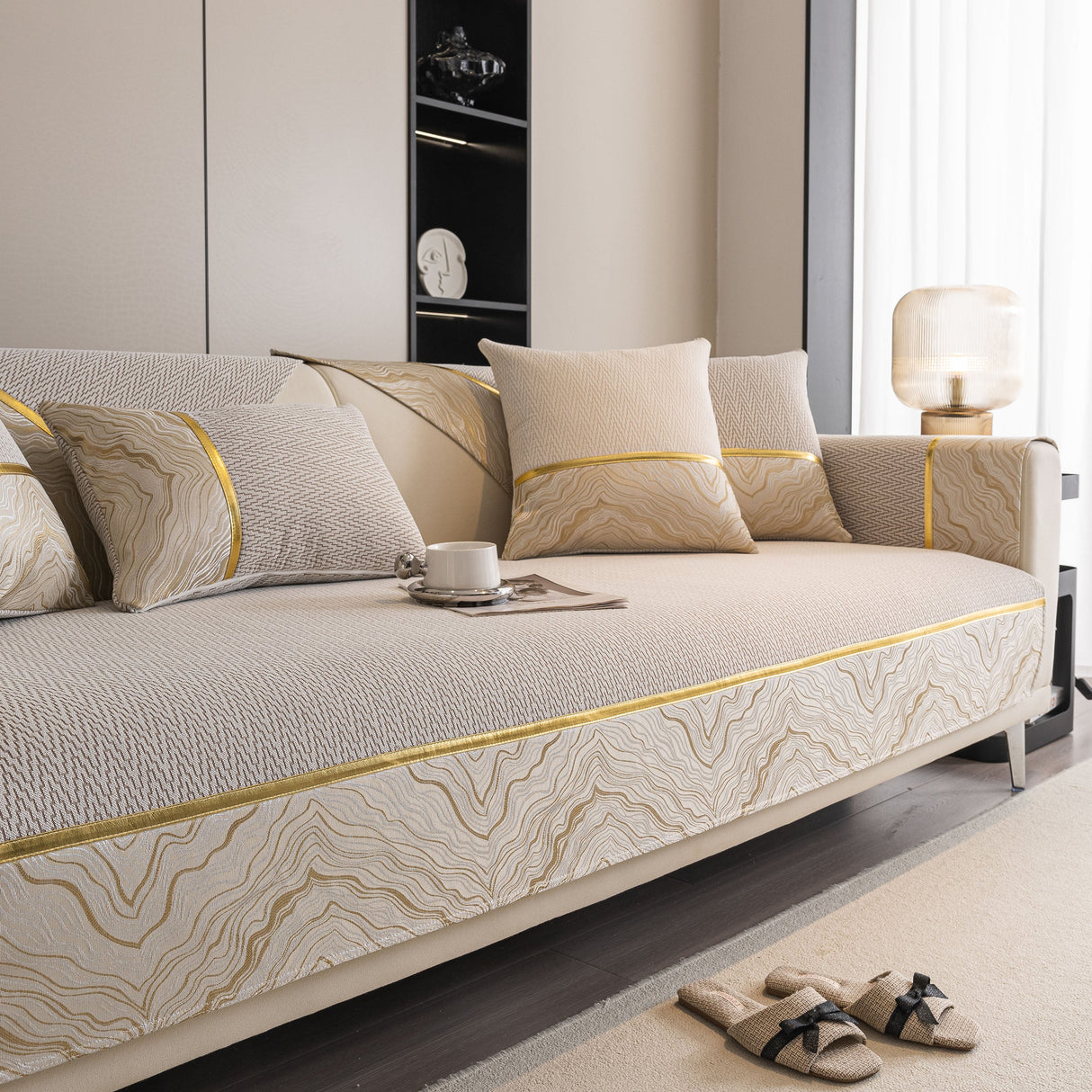 Non-Slip Couch Cover with Gold Trim, Sofa Slipcover for Sectional & Loveseat