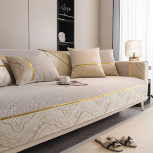 Non-Slip Couch Cover with Gold Trim, Sofa Slipcover for Sectional & Loveseat