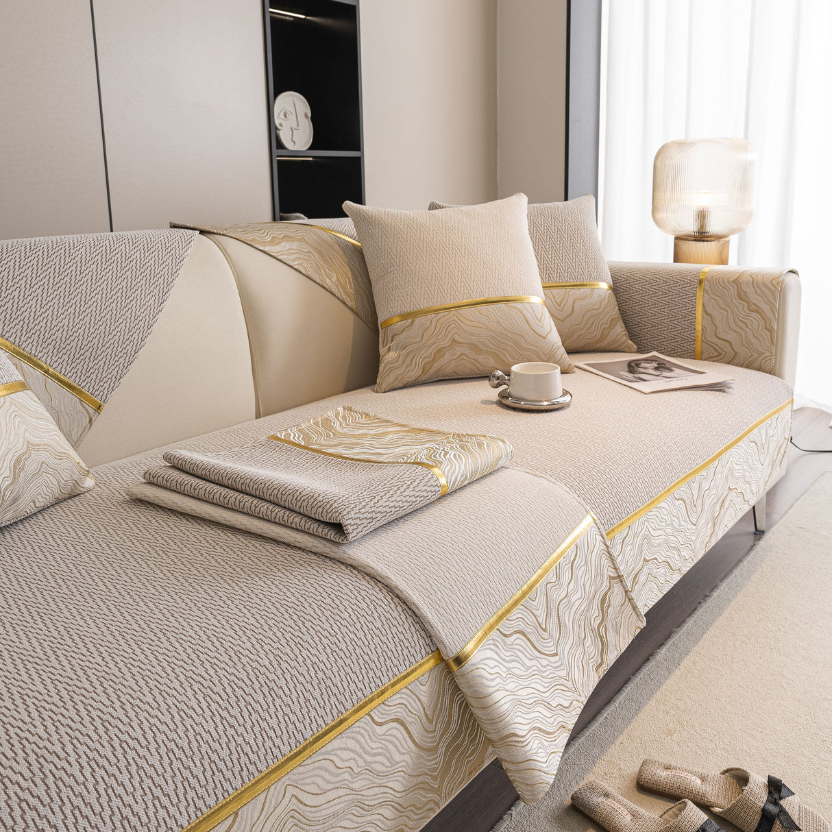 Non-Slip Couch Cover with Gold Trim, Sofa Slipcover for Sectional & Loveseat