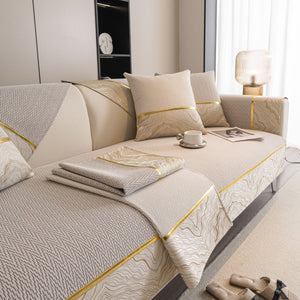 Non-Slip Couch Cover with Gold Trim, Sofa Slipcover for Sectional & Loveseat