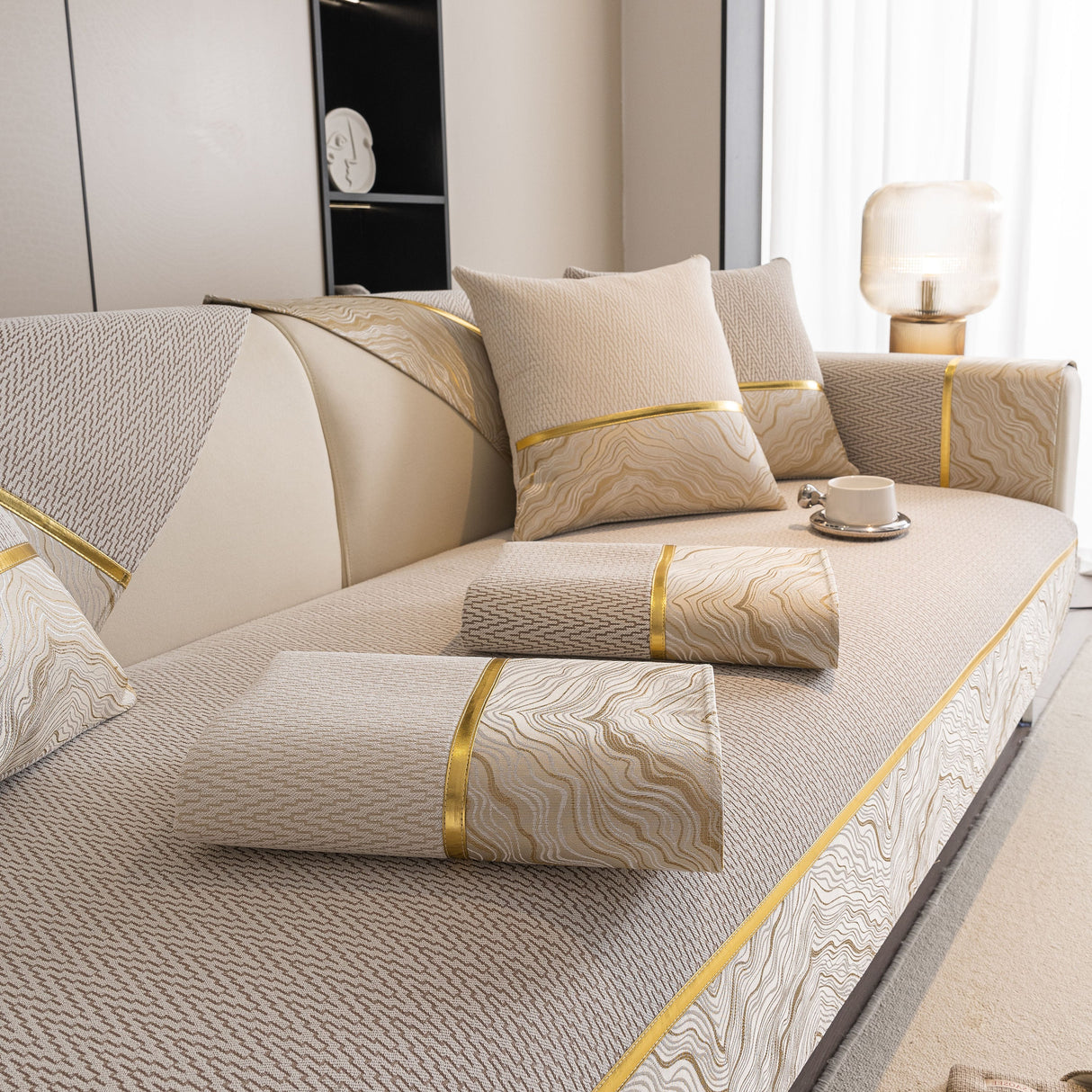 Non-Slip Couch Cover with Gold Trim, Sofa Slipcover for Sectional & Loveseat