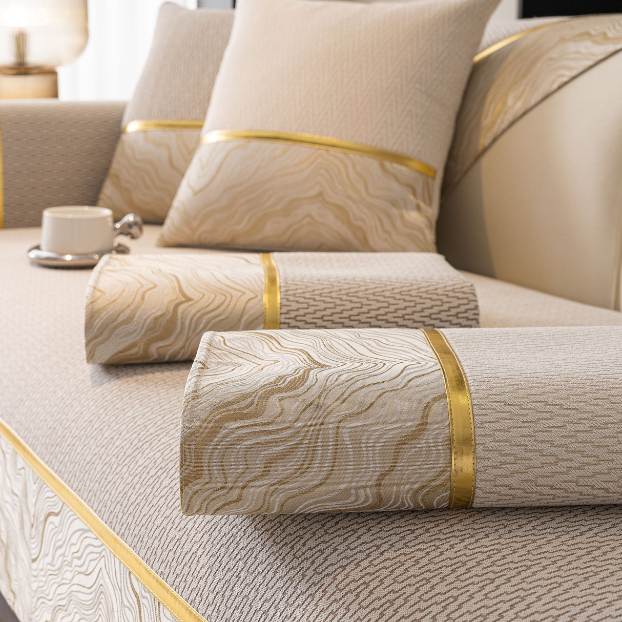 Non-Slip Couch Cover with Gold Trim, Sofa Slipcover for Sectional & Loveseat