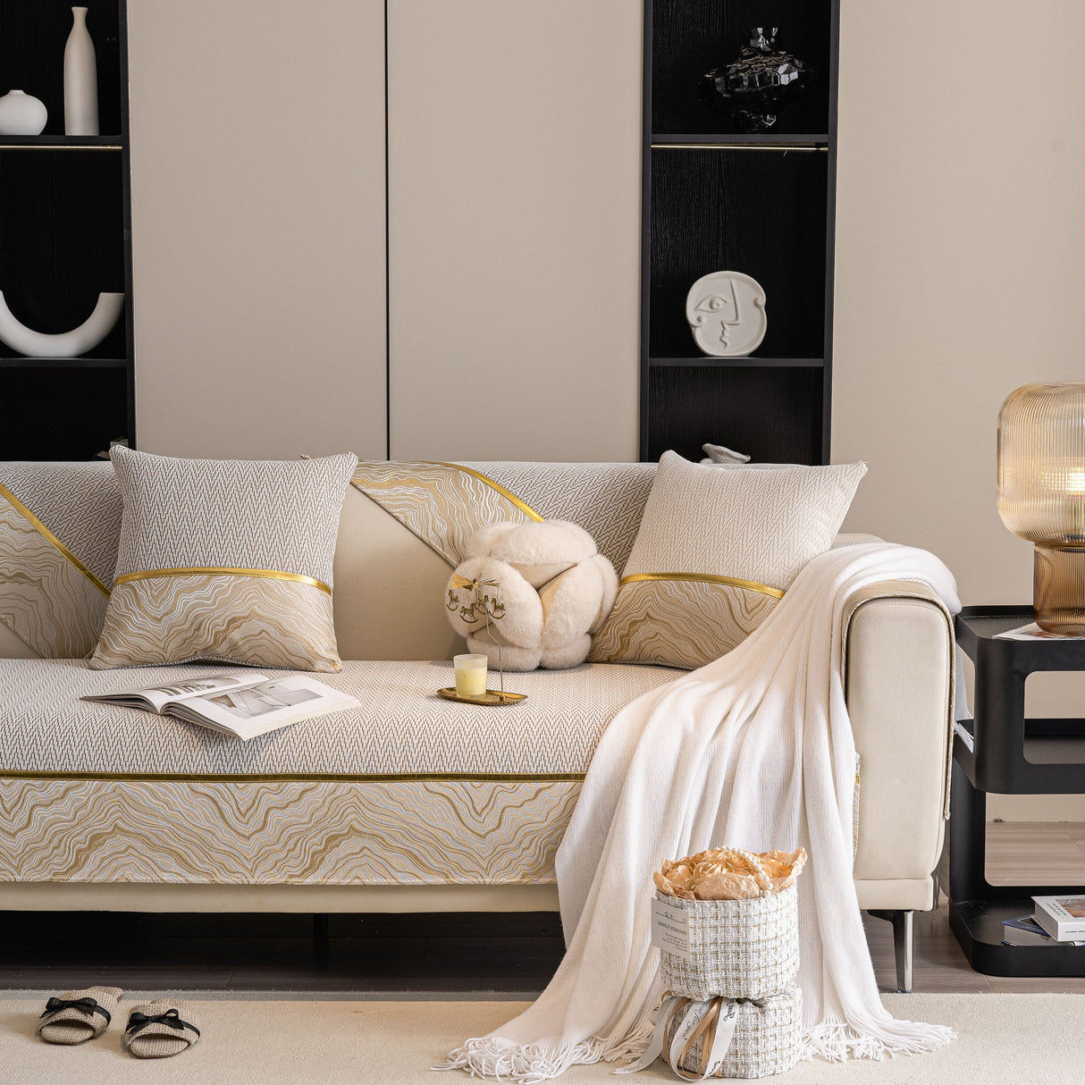 Non-Slip Couch Cover with Gold Trim, Sofa Slipcover for Sectional & Loveseat