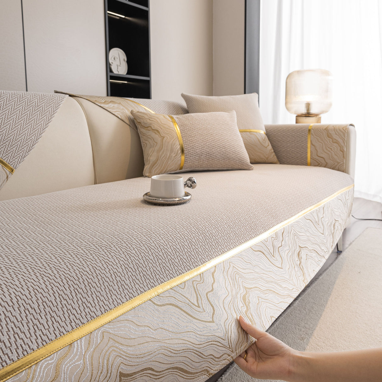 Non-Slip Couch Cover with Gold Trim, Sofa Slipcover for Sectional & Loveseat