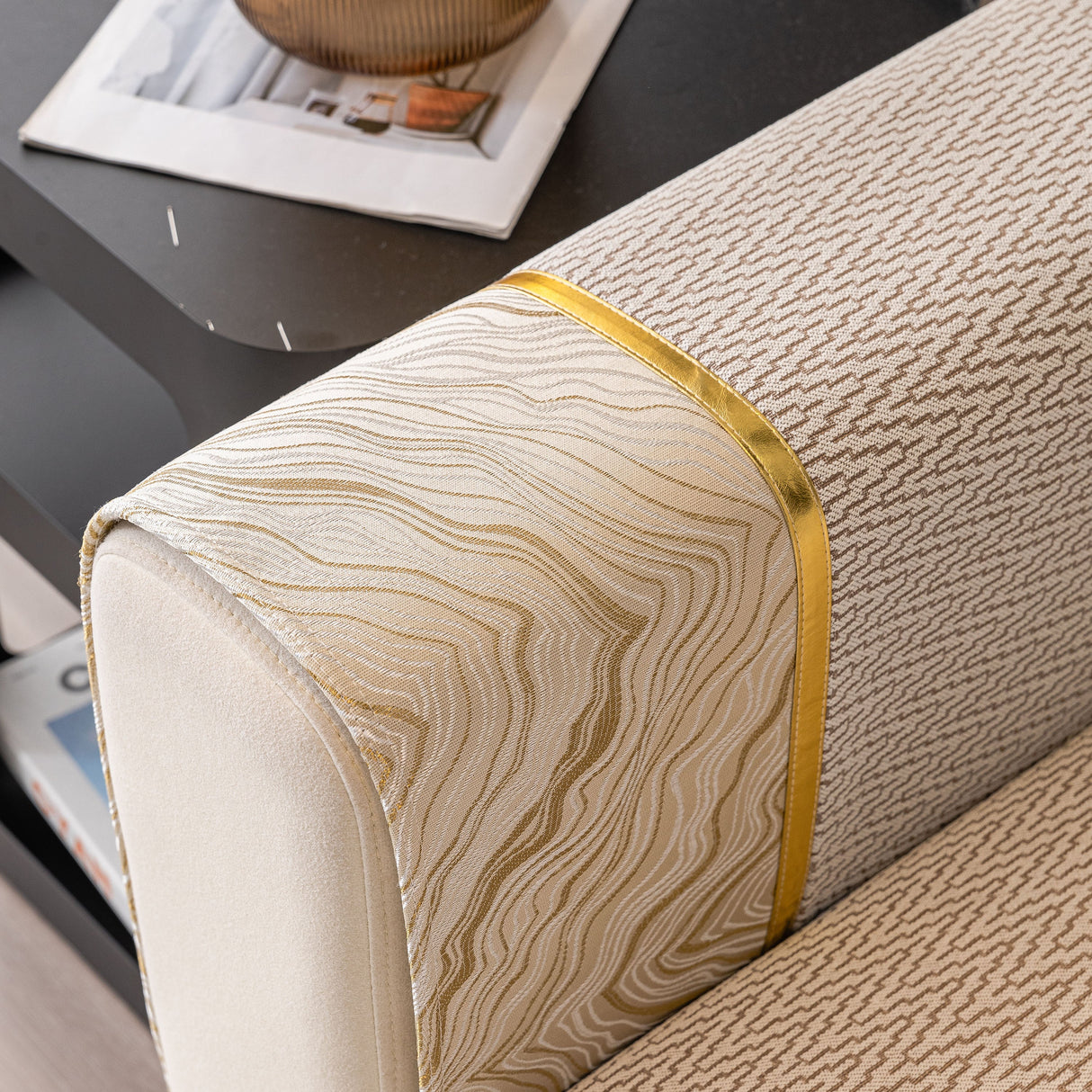 Non-Slip Couch Cover with Gold Trim, Sofa Slipcover for Sectional & Loveseat