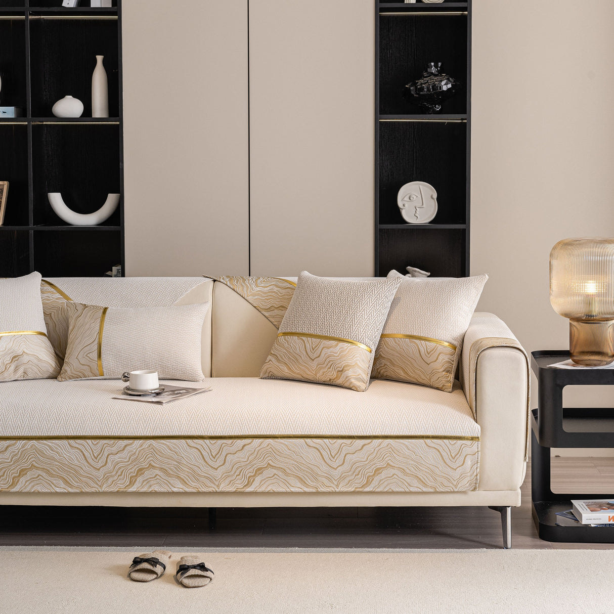 Non-Slip Couch Cover with Gold Trim, Sofa Slipcover for Sectional & Loveseat