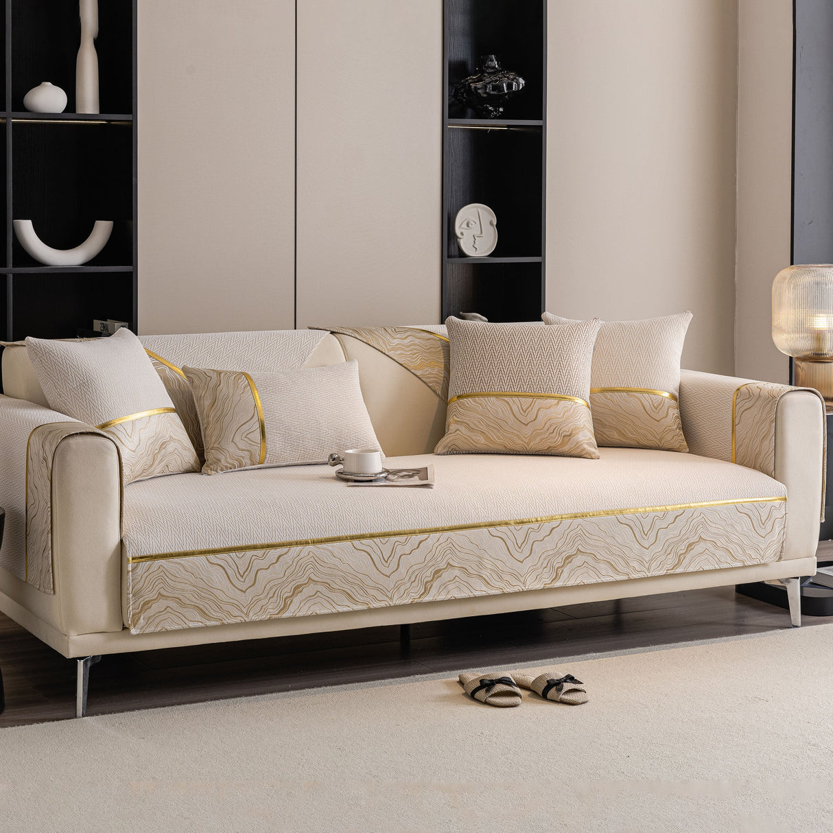 Non-Slip Couch Cover with Gold Trim, Sofa Slipcover for Sectional & Loveseat