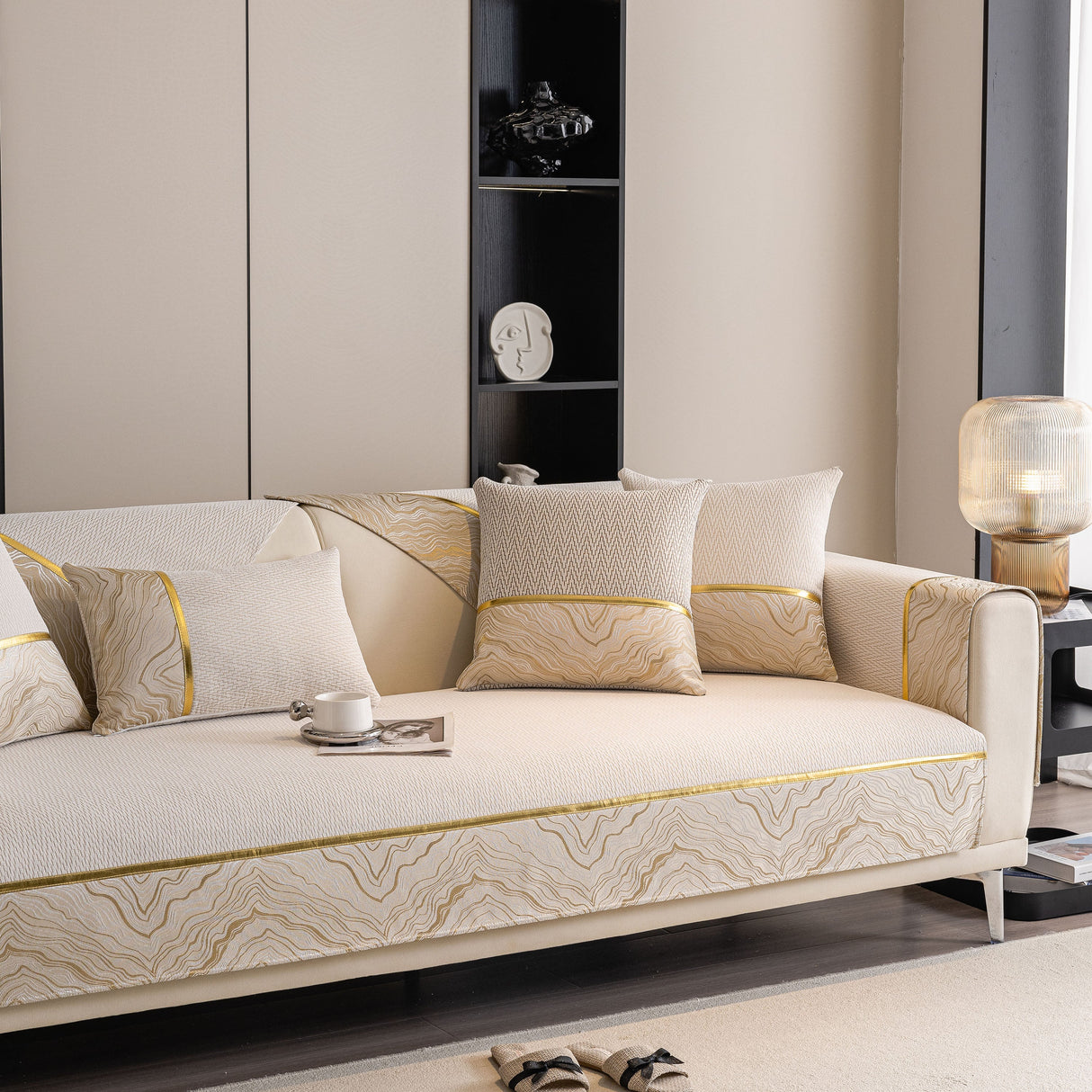 Non-Slip Couch Cover with Gold Trim, Sofa Slipcover for Sectional & Loveseat