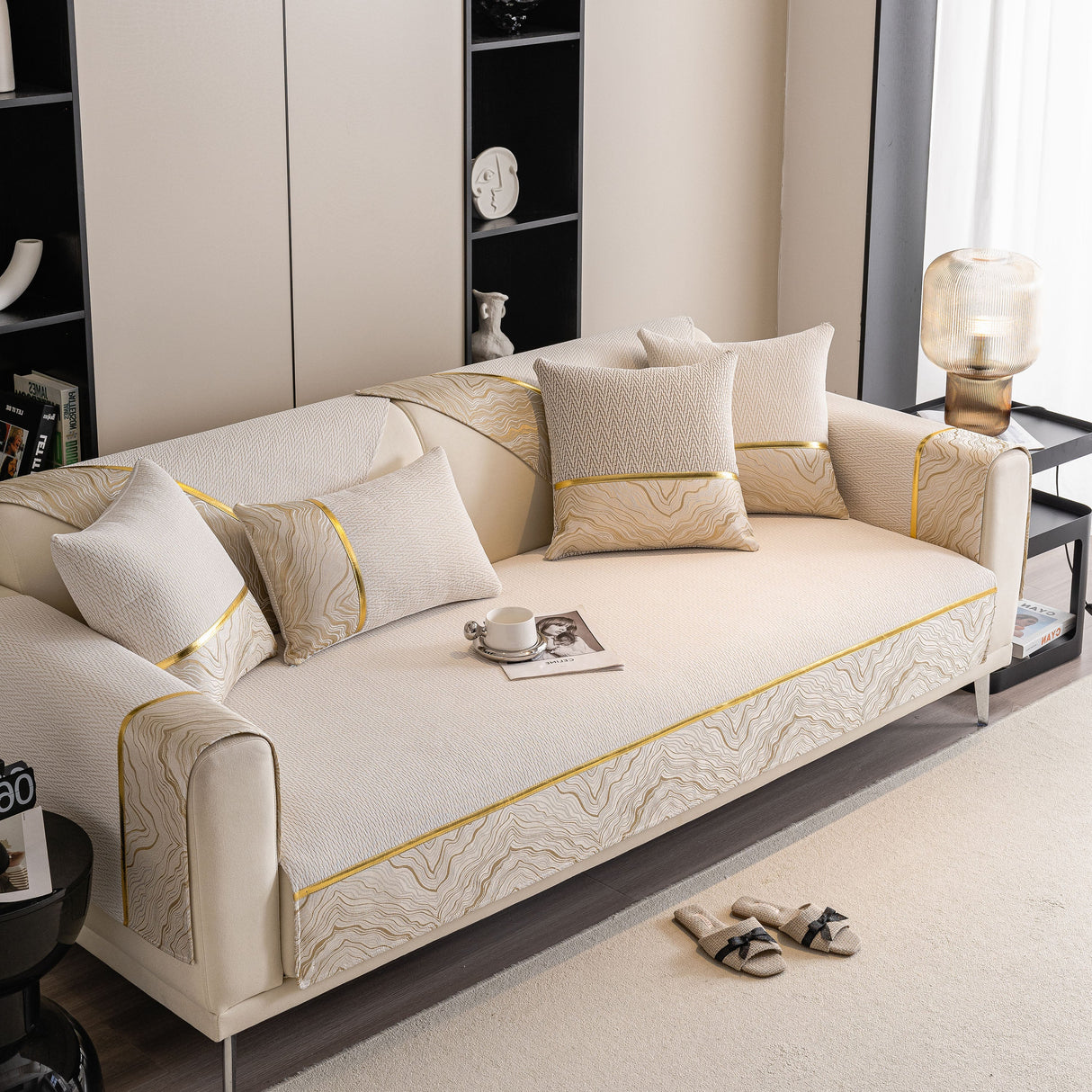 Non-Slip Couch Cover with Gold Trim, Sofa Slipcover for Sectional & Loveseat