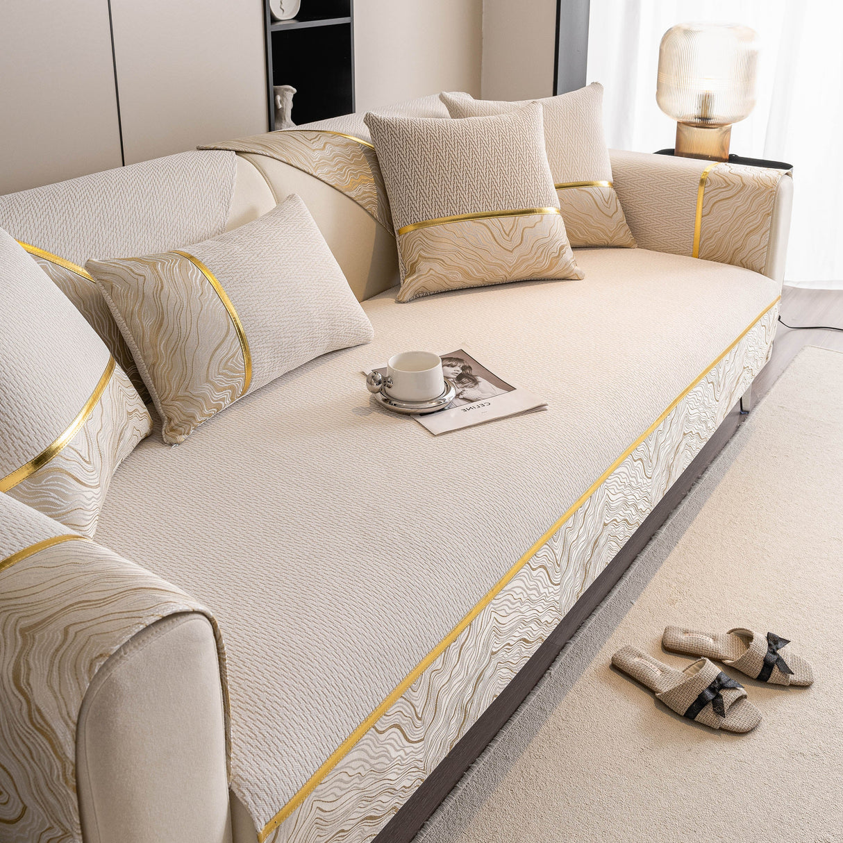 Non-Slip Couch Cover with Gold Trim, Sofa Slipcover for Sectional & Loveseat