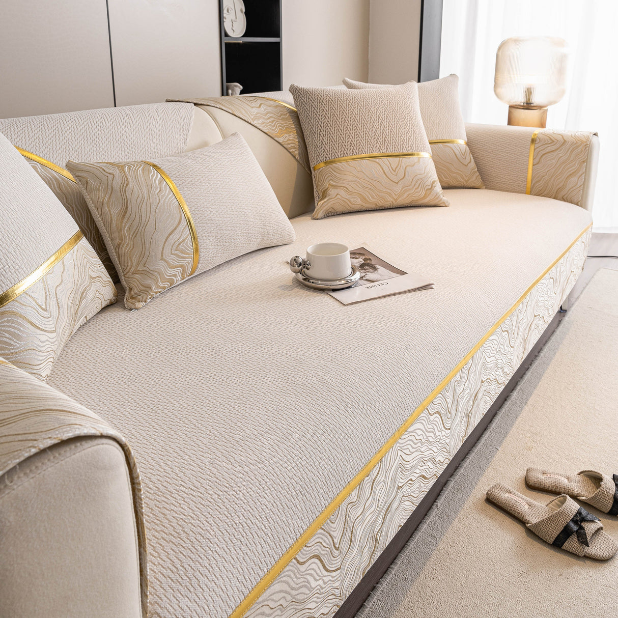 Non-Slip Couch Cover with Gold Trim, Sofa Slipcover for Sectional & Loveseat