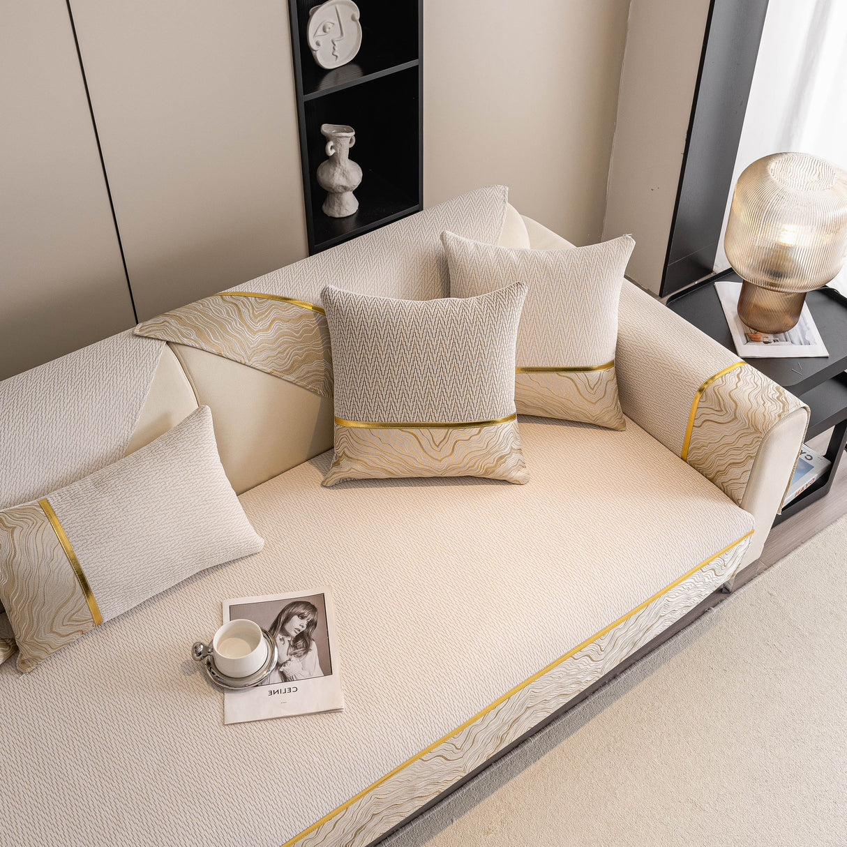 Non-Slip Couch Cover with Gold Trim, Sofa Slipcover for Sectional & Loveseat
