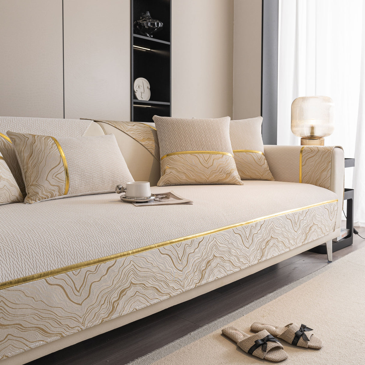 Non-Slip Couch Cover with Gold Trim, Sofa Slipcover for Sectional & Loveseat
