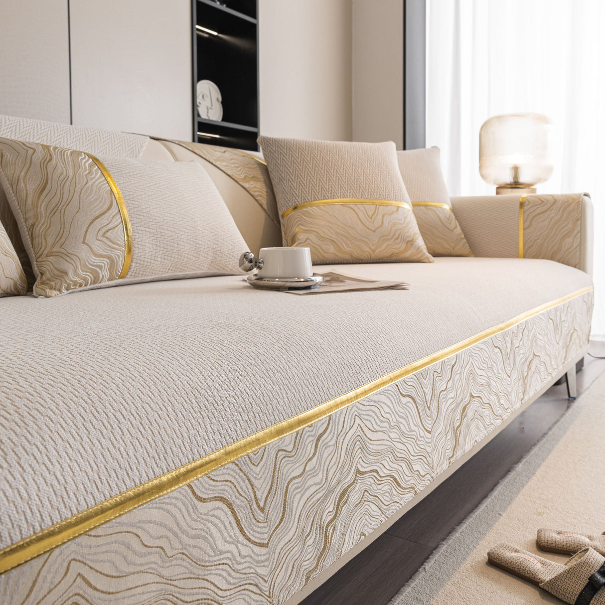 Non-Slip Couch Cover with Gold Trim, Sofa Slipcover for Sectional & Loveseat