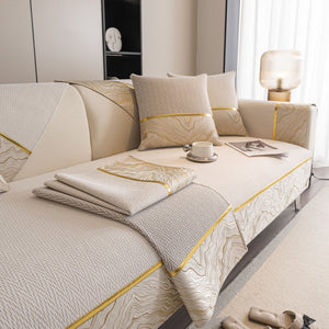 Non-Slip Couch Cover with Gold Trim, Sofa Slipcover for Sectional & Loveseat