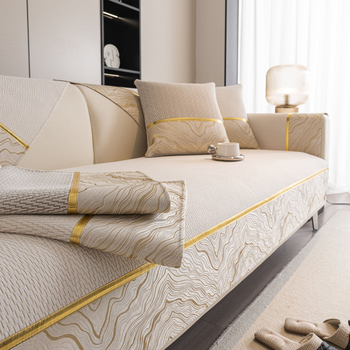Non-Slip Couch Cover with Gold Trim, Sofa Slipcover for Sectional & Loveseat