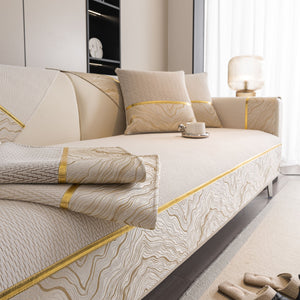 Non-Slip Couch Cover with Gold Trim, Sofa Slipcover for Sectional & Loveseat