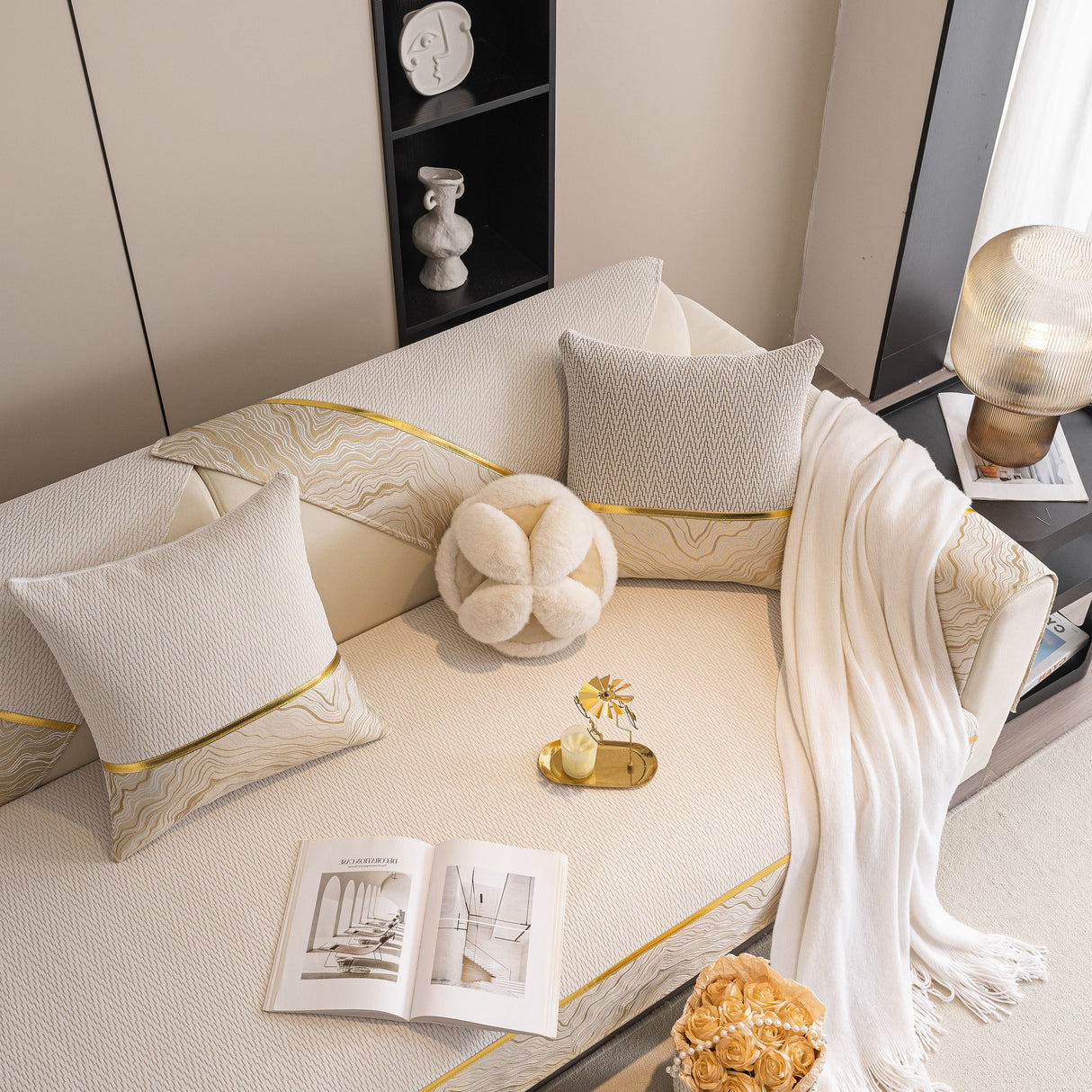 Non-Slip Couch Cover with Gold Trim, Sofa Slipcover for Sectional & Loveseat