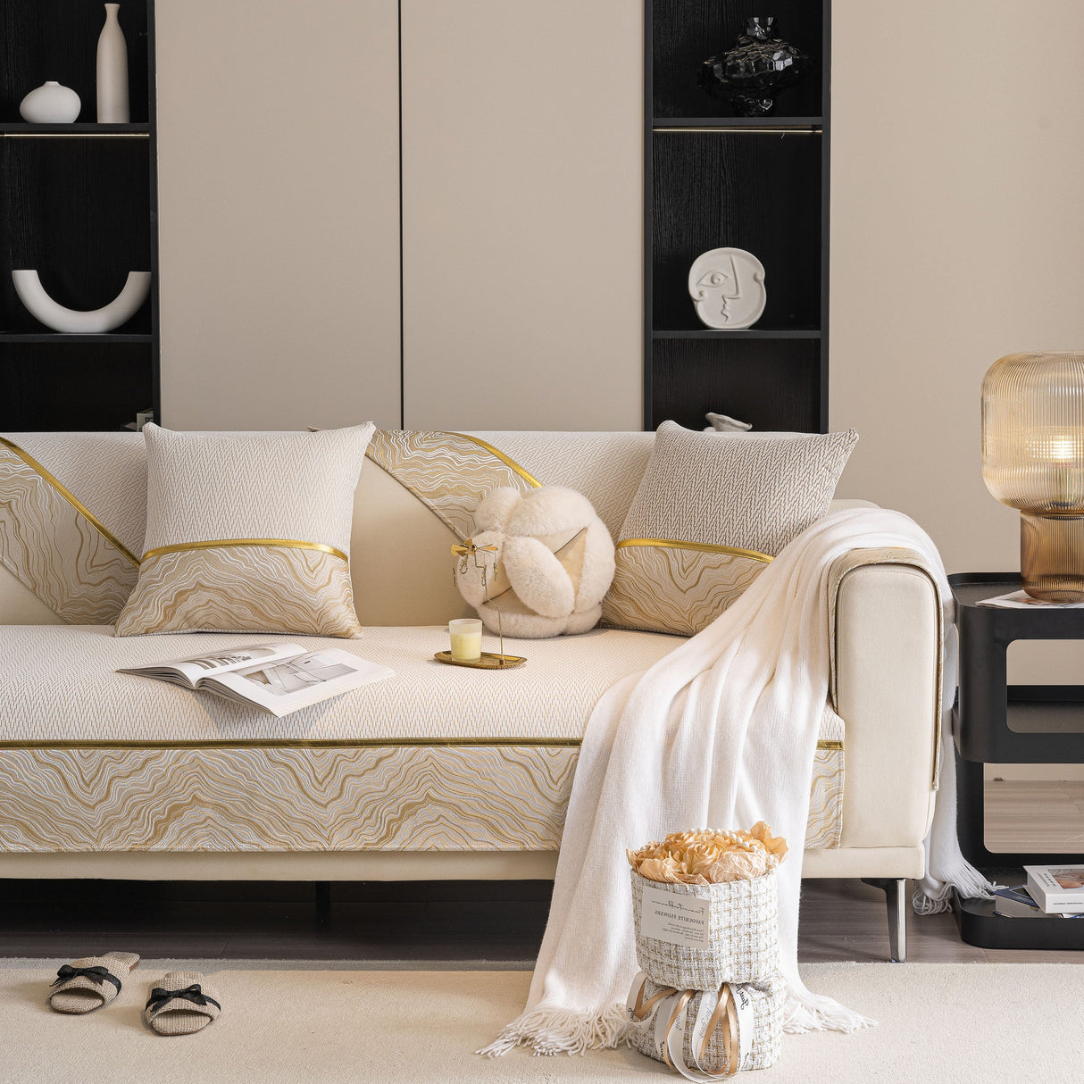 Non-Slip Couch Cover with Gold Trim, Sofa Slipcover for Sectional & Loveseat