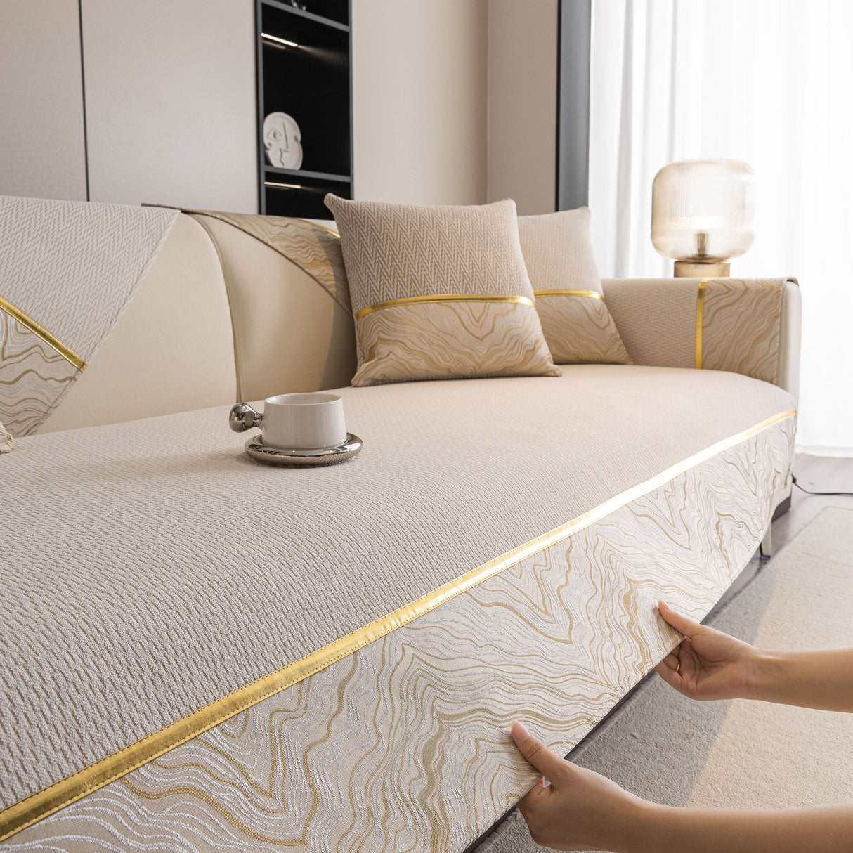 Non-Slip Couch Cover with Gold Trim, Sofa Slipcover for Sectional & Loveseat