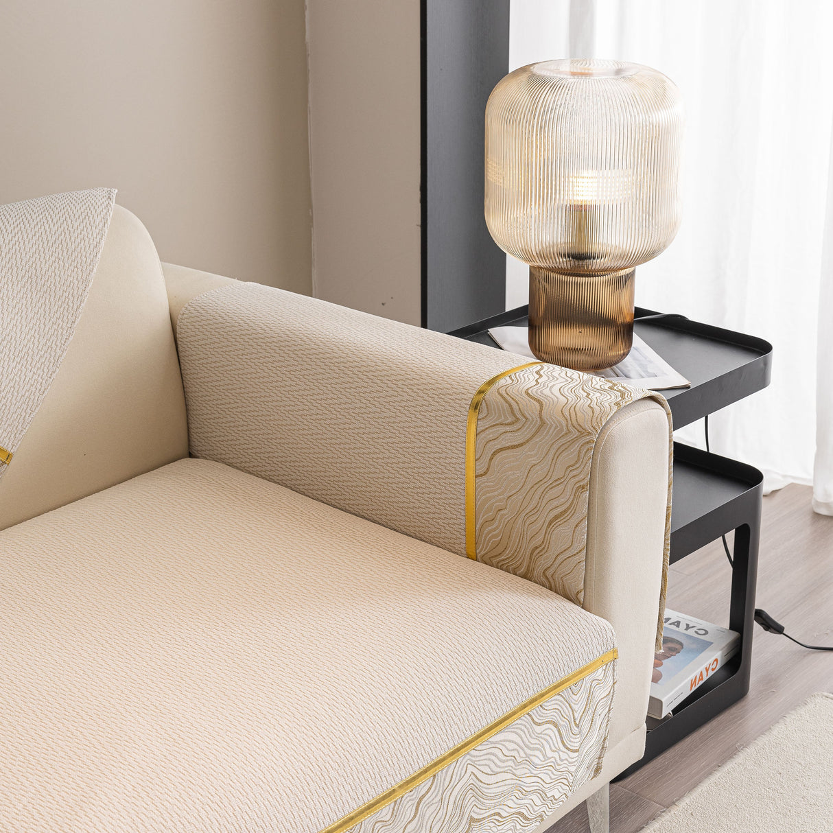 Non-Slip Couch Cover with Gold Trim, Sofa Slipcover for Sectional & Loveseat