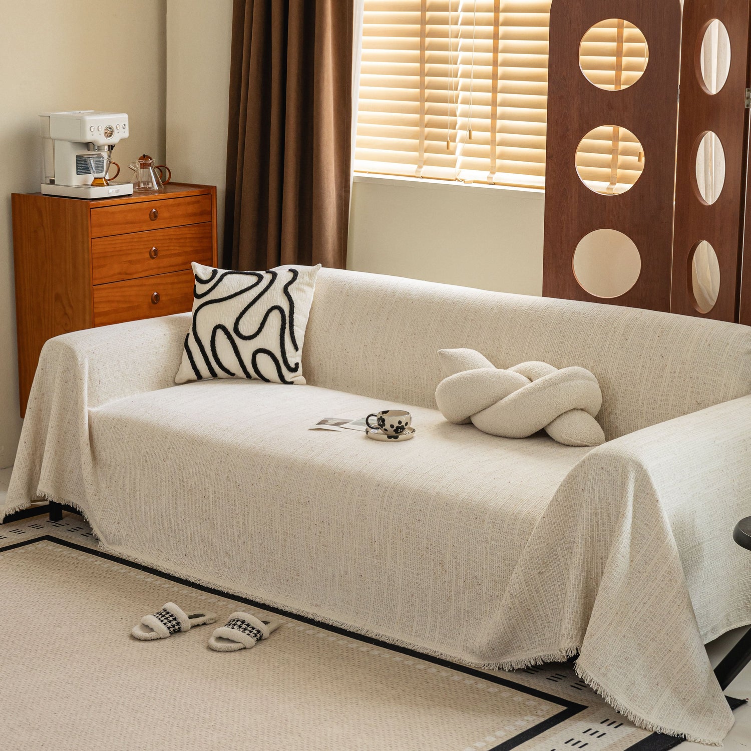 Boho Woven Sofa Throw Cover, Modern Soft Couch Protector for Pets & Living Room Decor