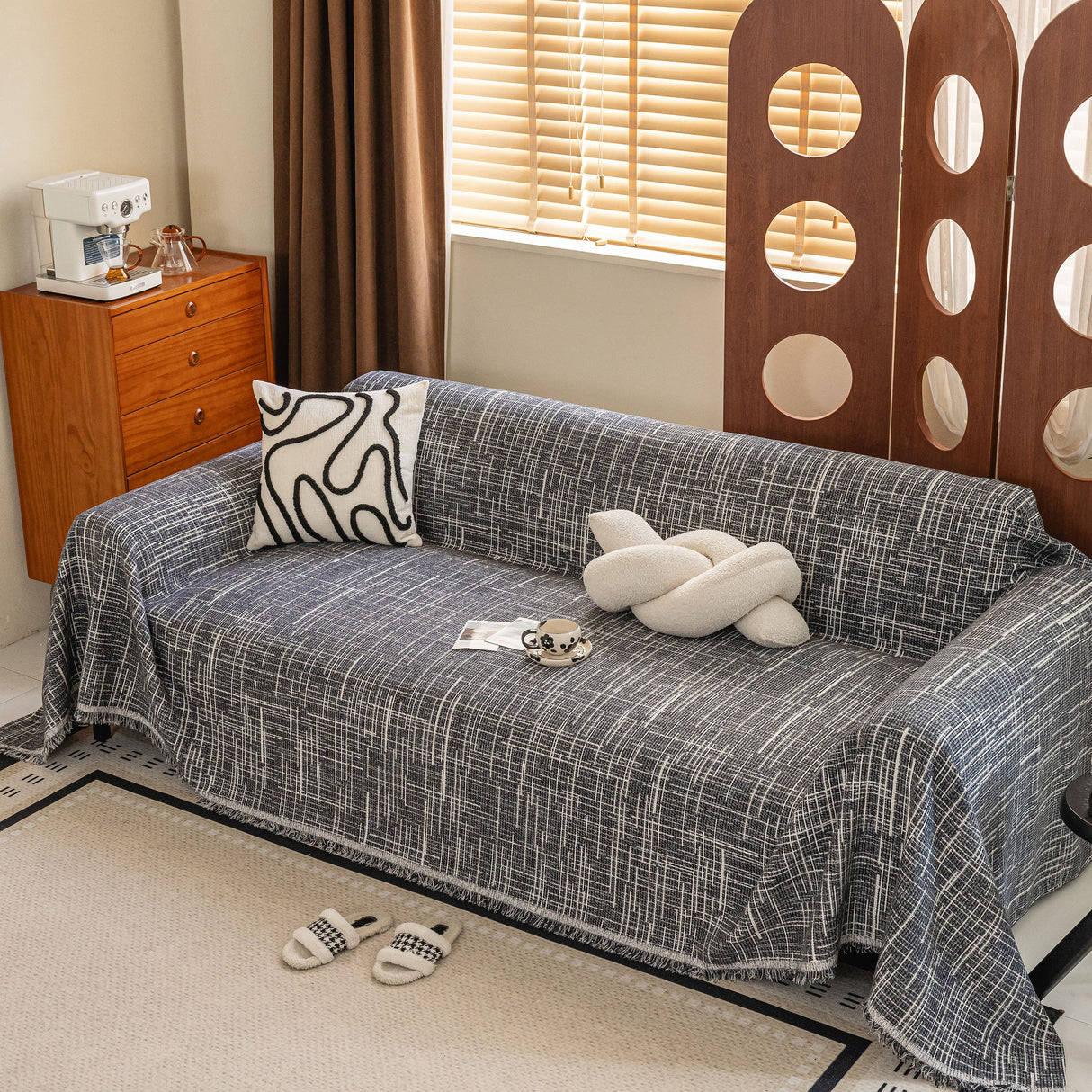 Boho Woven Sofa Throw Cover, Modern Soft Couch Protector for Pets & Living Room Decor