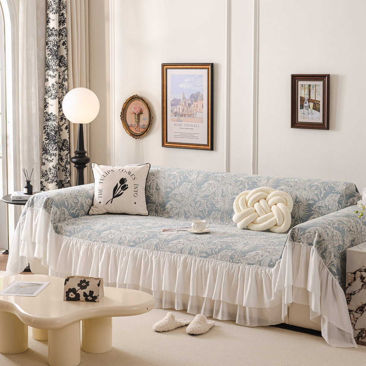 French Chic Style Ruffle Floral Cover Throws for Sofas, Decorative Couch Covers