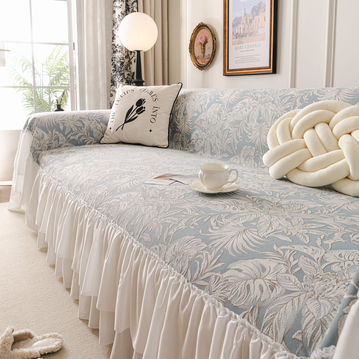 French Chic Style Ruffle Floral Cover Throws for Sofas, Decorative Couch Covers