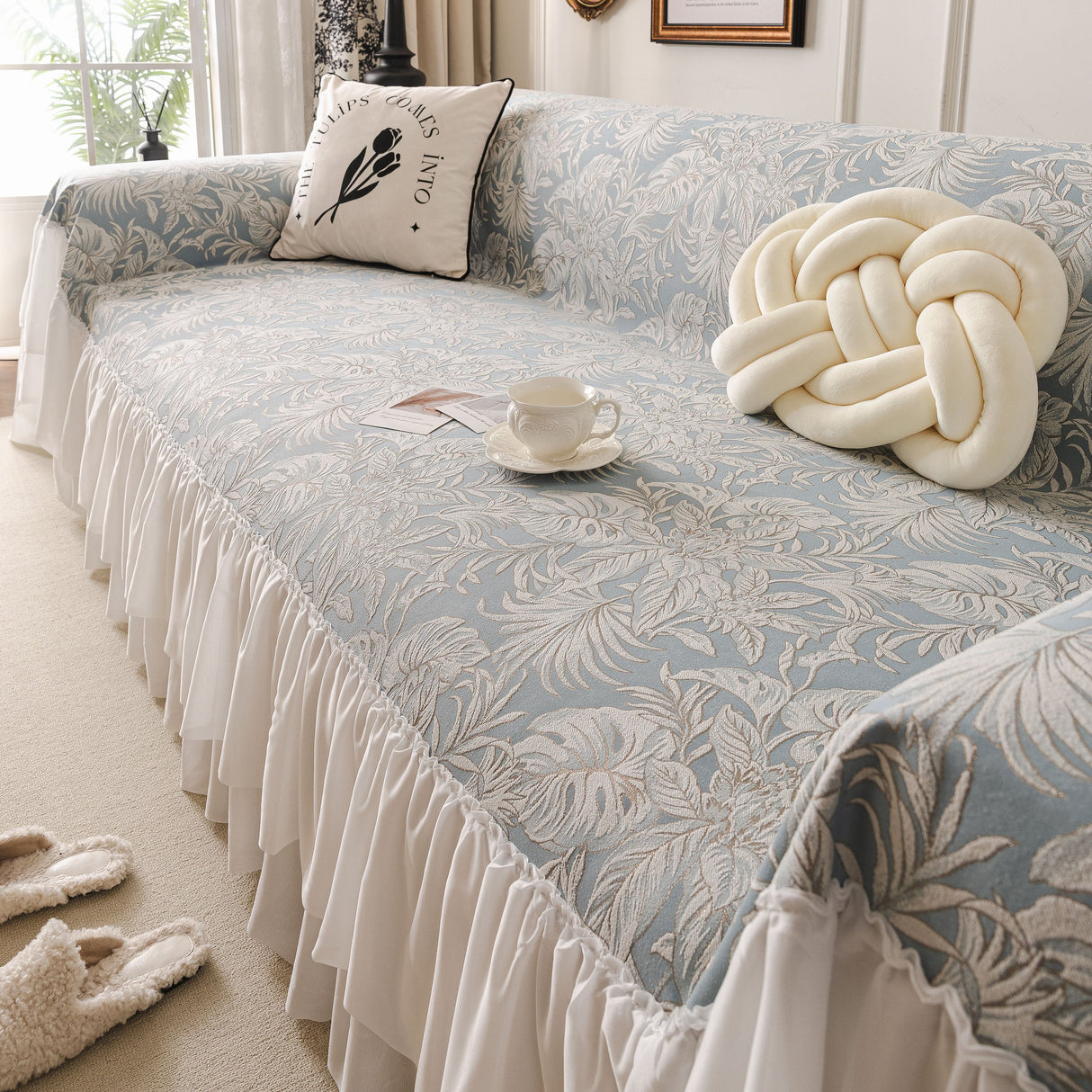 French Chic Style Ruffle Floral Cover Throws for Sofas, Decorative Couch Covers