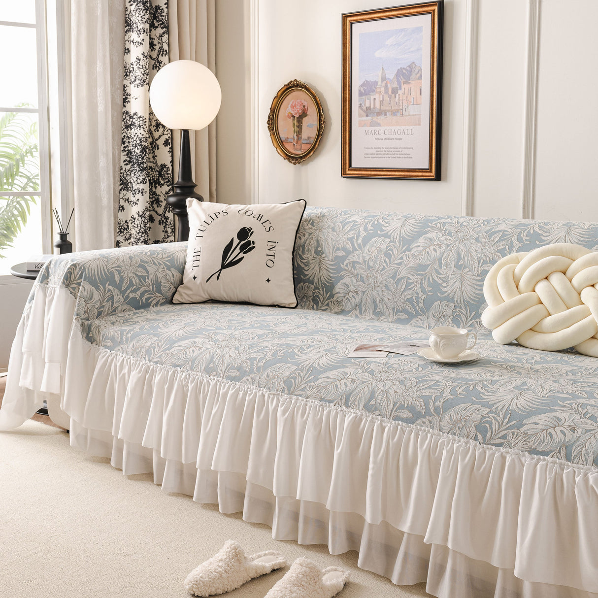 French Chic Style Ruffle Floral Cover Throws for Sofas, Decorative Couch Covers