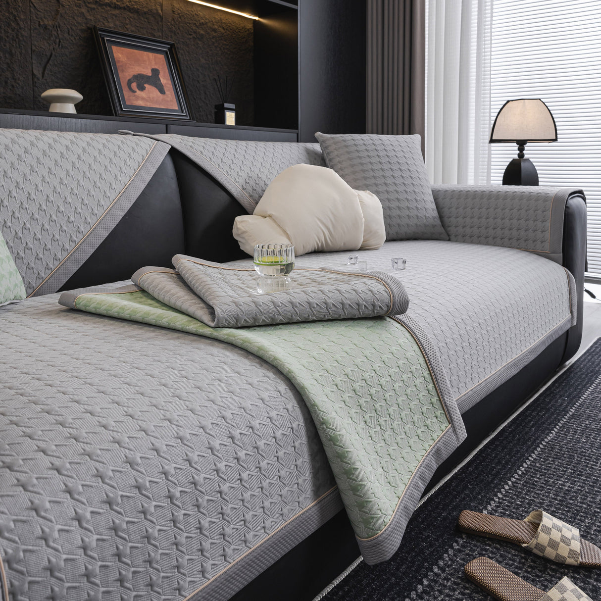 Houndstooth Ice Silk Breathable Sofa Cover, Modern Non-Slip Summer Couch Protector