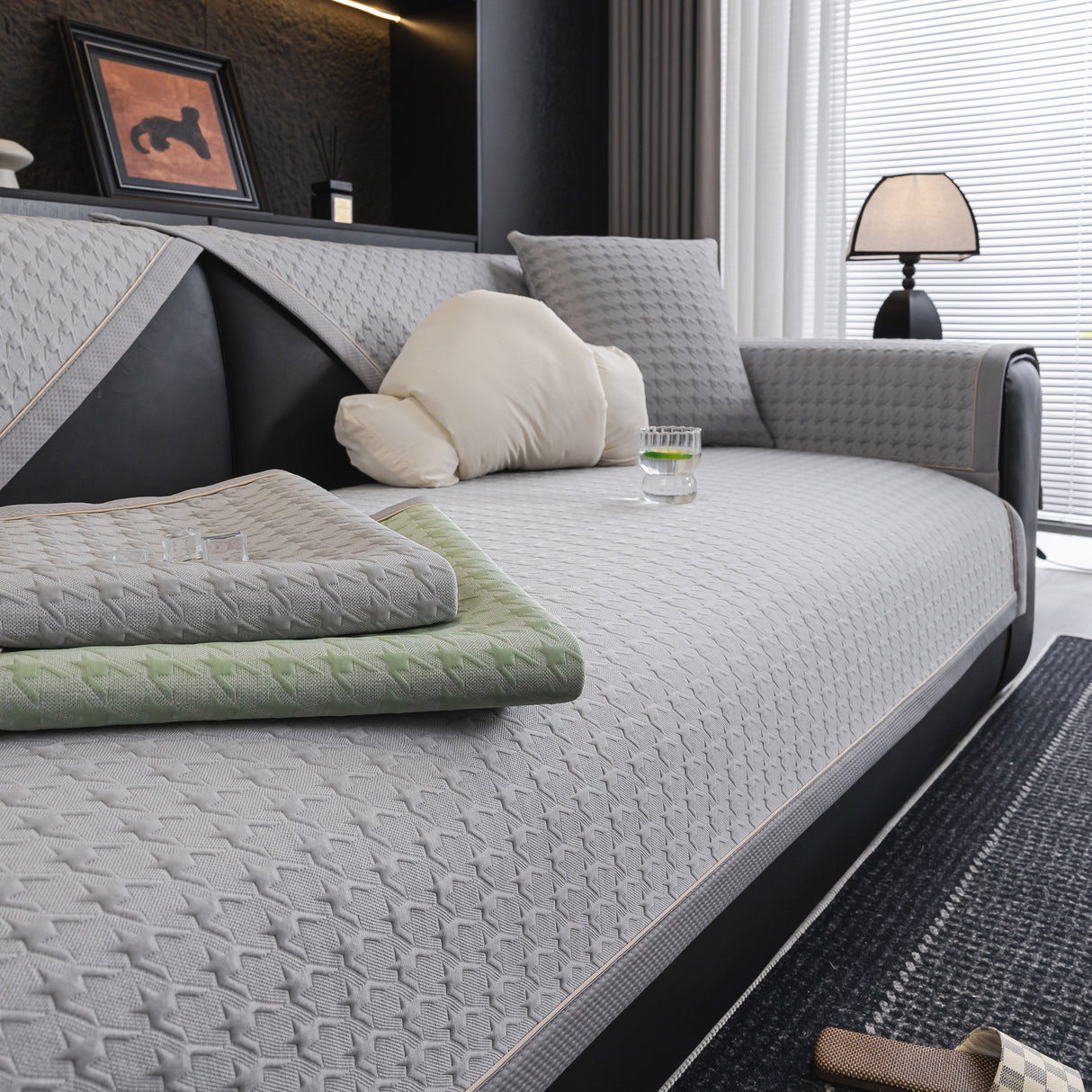 Houndstooth Ice Silk Breathable Sofa Cover, Modern Non-Slip Summer Couch Protector