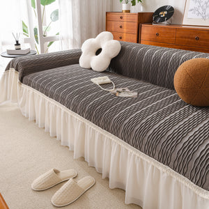 Soft Warm Flannel Couch Cover Throw Blanket with French Flounce, Beautiful Furniture Throws for Sofas