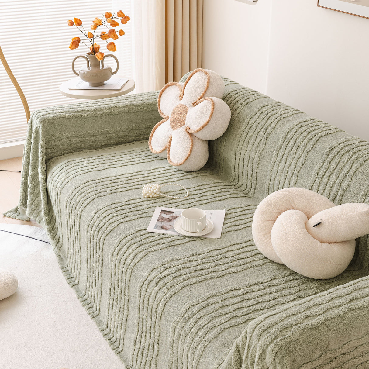 Modern 3D Water Ripple Sofa Cover, Non-Shedding Cream Style Furniture Protector Throw