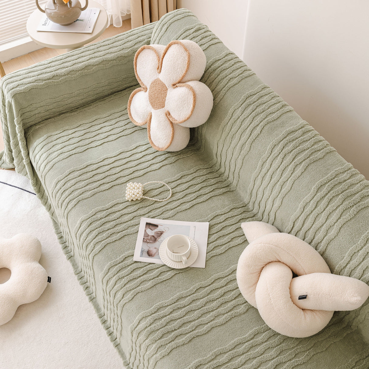 Modern 3D Water Ripple Sofa Cover, Non-Shedding Cream Style Furniture Protector Throw