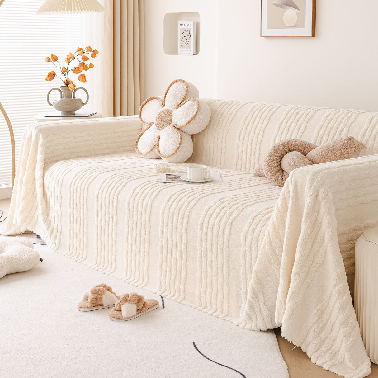 Modern 3D Water Ripple Sofa Cover, Non-Shedding Cream Style Furniture Protector Throw