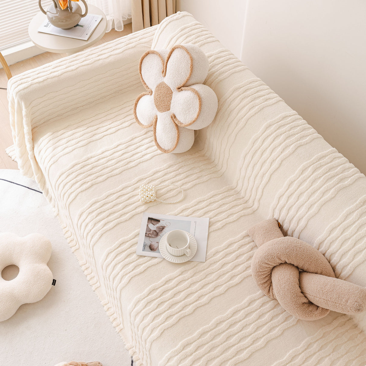 Modern 3D Water Ripple Sofa Cover, Non-Shedding Cream Style Furniture Protector Throw