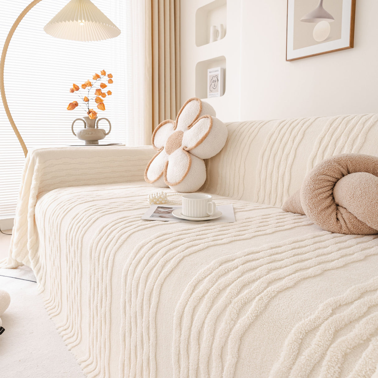 Modern 3D Water Ripple Sofa Cover, Non-Shedding Cream Style Furniture Protector Throw