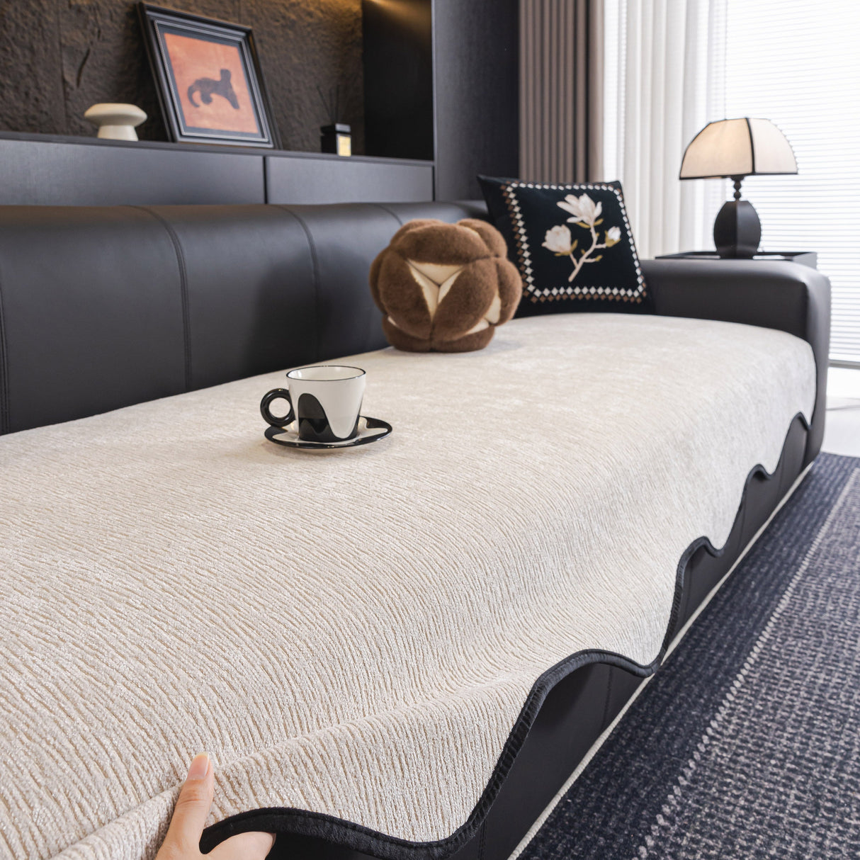 Chenille Couch Cover with Scalloped Edge, Non-Slip Modular Slipcover Sectional