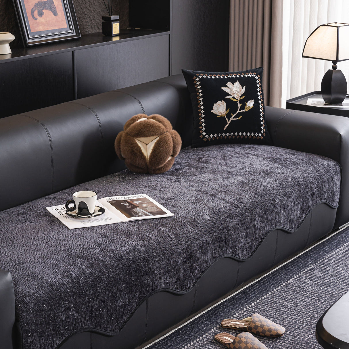 Chenille Couch Cover with Scalloped Edge, Non-Slip Modular Slipcover Sectional