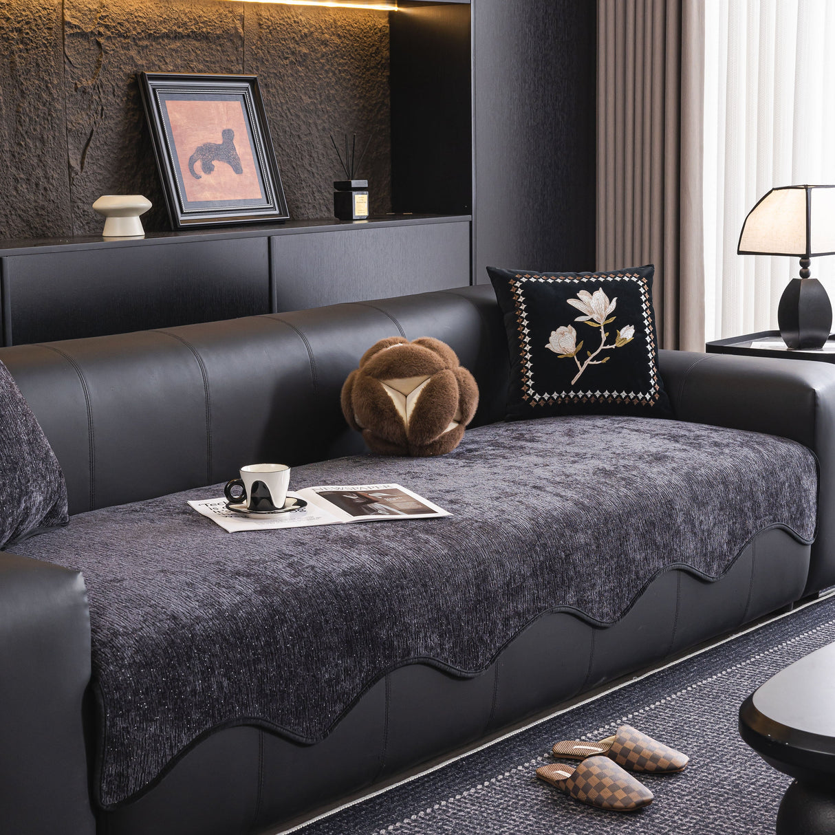 Chenille Couch Cover with Scalloped Edge, Non-Slip Modular Slipcover Sectional