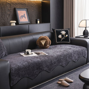 Chenille Couch Cover with Scalloped Edge, Non-Slip Modular Slipcover Sectional