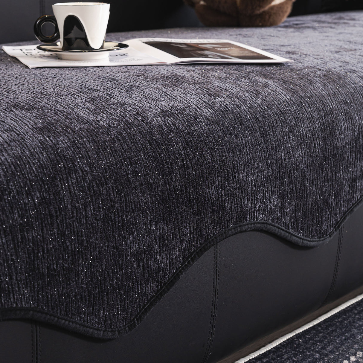 Chenille Couch Cover with Scalloped Edge, Non-Slip Modular Slipcover Sectional