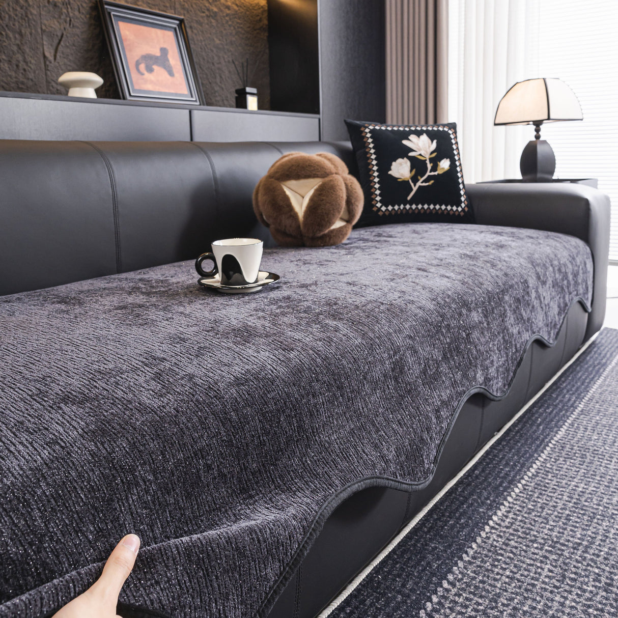 Chenille Couch Cover with Scalloped Edge, Non-Slip Modular Slipcover Sectional