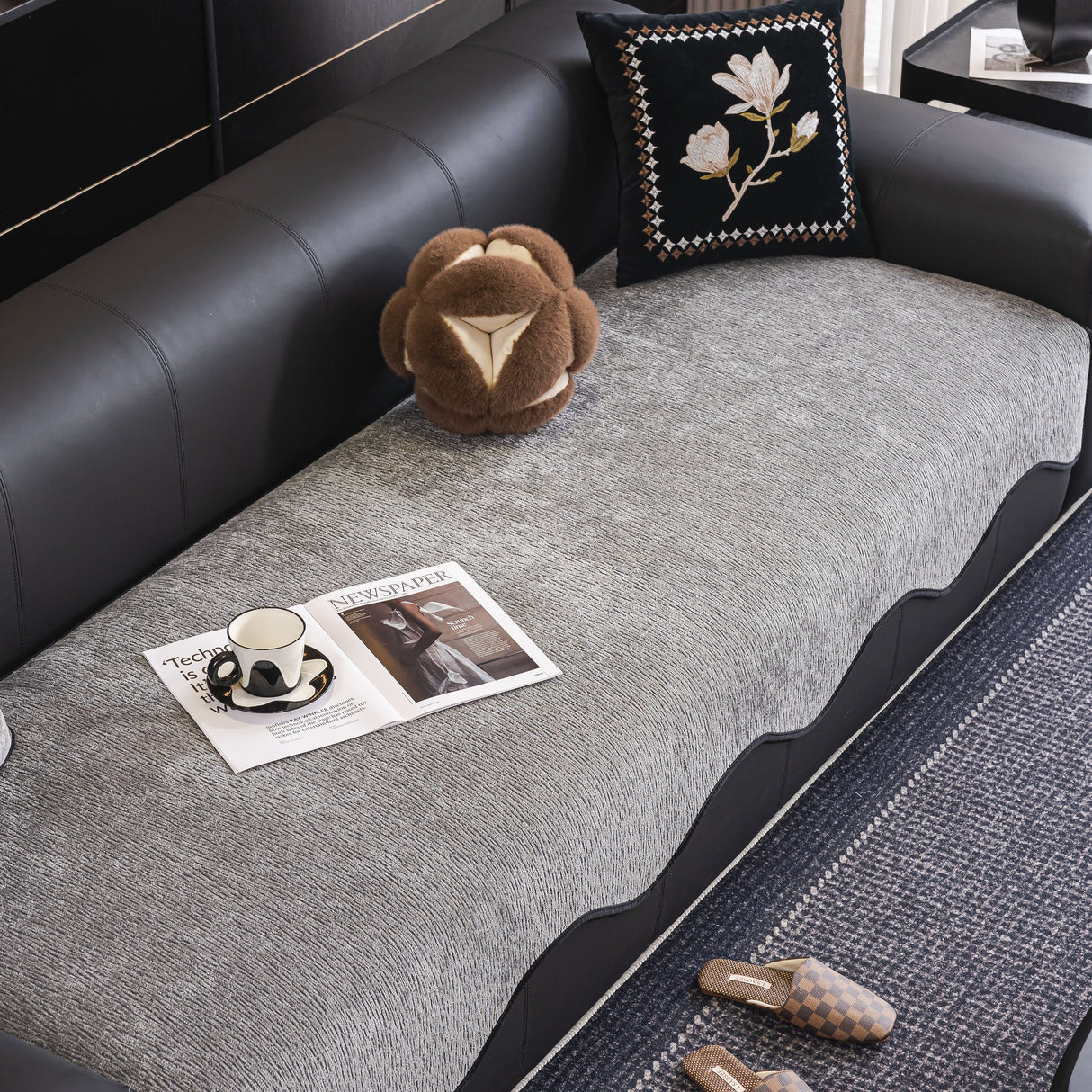 Chenille Couch Cover with Scalloped Edge, Non-Slip Modular Slipcover Sectional